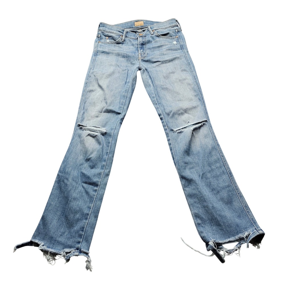 Mother Denim Distressed Straight Leg Jeans Blue Womens 27 Light Wash Frayed Hem